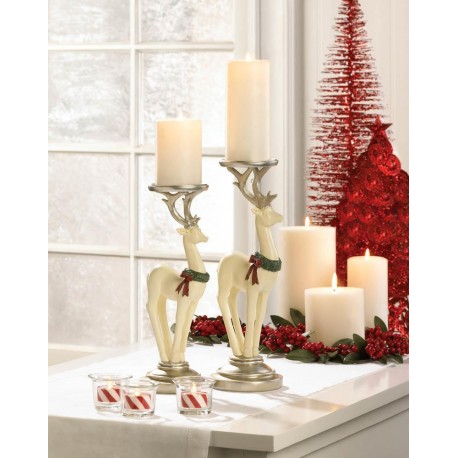 White Reindeer Candle Holder Set
