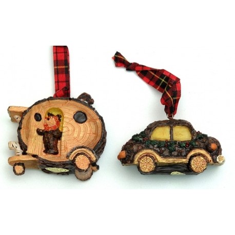 Rustic Log Car Ornaments Set of Two